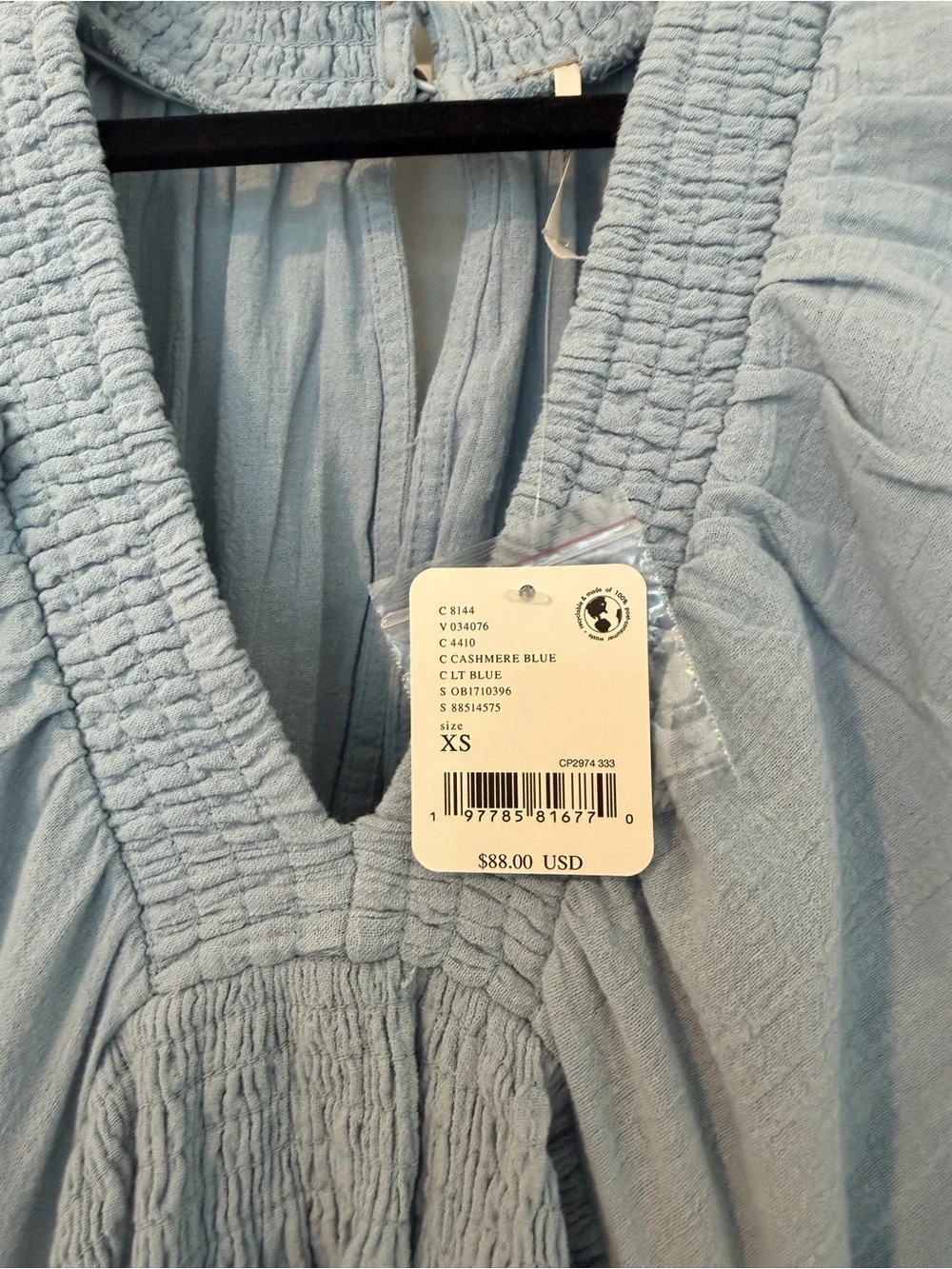Free People Pale Blue Smocked V-Neck Mini Dress